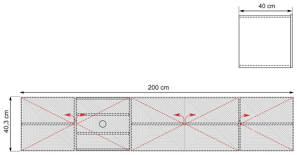 Comodă TV suspendată Asha 200 cm, partea frontală riflat – stejar artisan / negru mat
