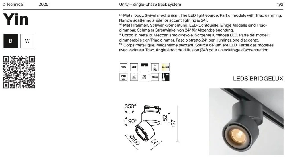 Spot LED ajustabil, accesoriu pentru sinele monofazate Unity, Yin negru