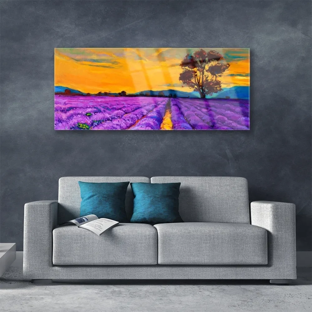 Tablou pe sticla Câmp Peisaj Violet Galben Maro