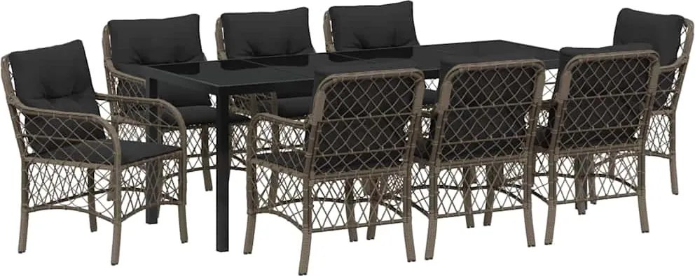 vidaXL Set de masă pentru grădină cu pernă 9 pcs Gri poliratan