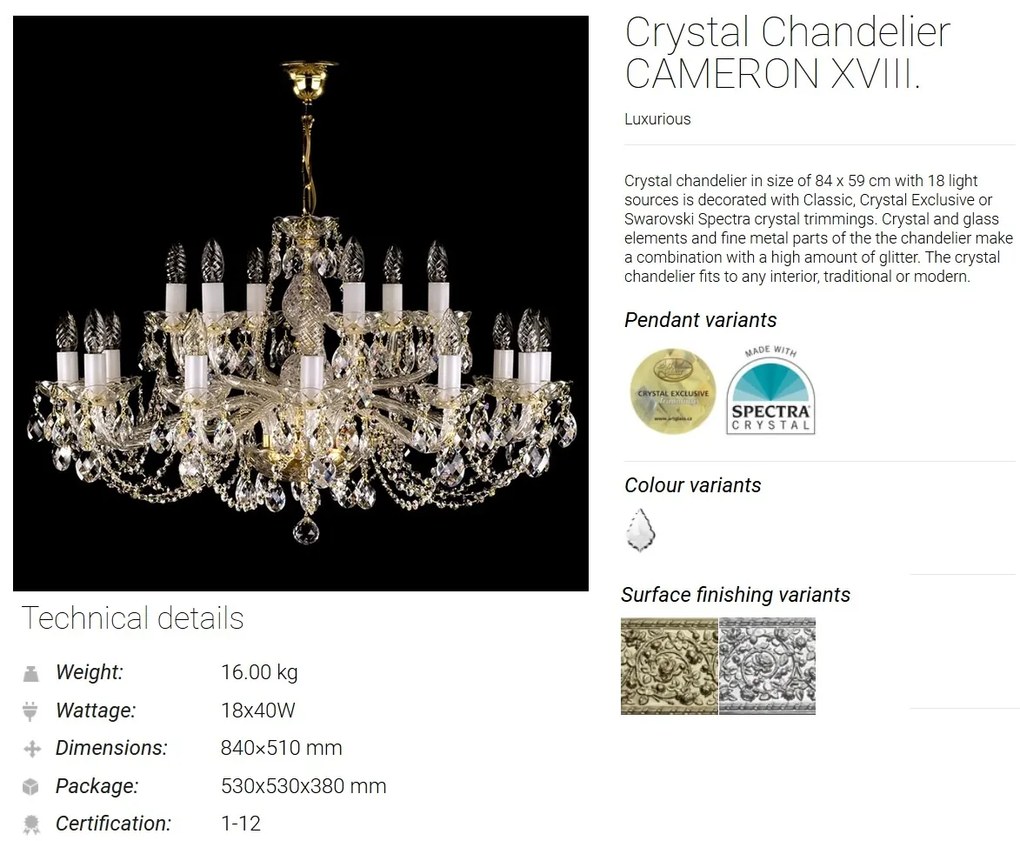 Candelabru 18 brate Cristal Bohemia Exclusive CAMERON XVIII.