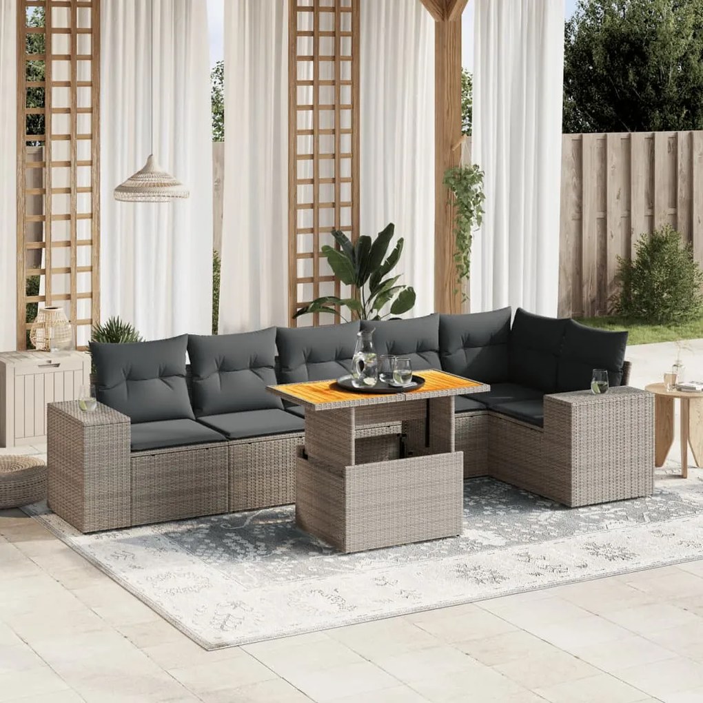 vidaXL Set canapele de grădină, 7 piese, cu perne, gri, poliratan