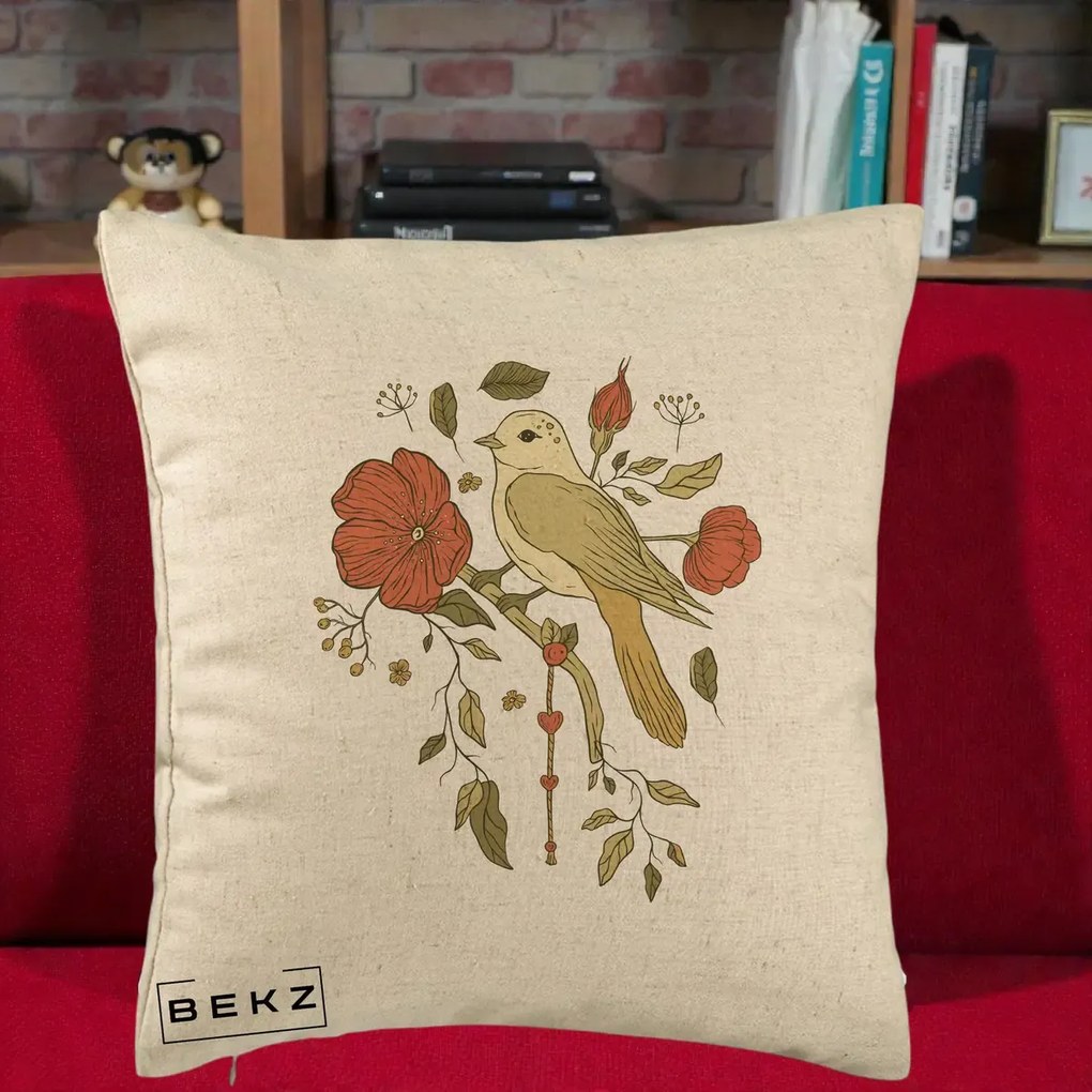 Perna Decorativa Pasare pe Ramura cu Maci, 40x40 cm, Bej, Husa Detasabila, Perna Inclusa, BEKZ®