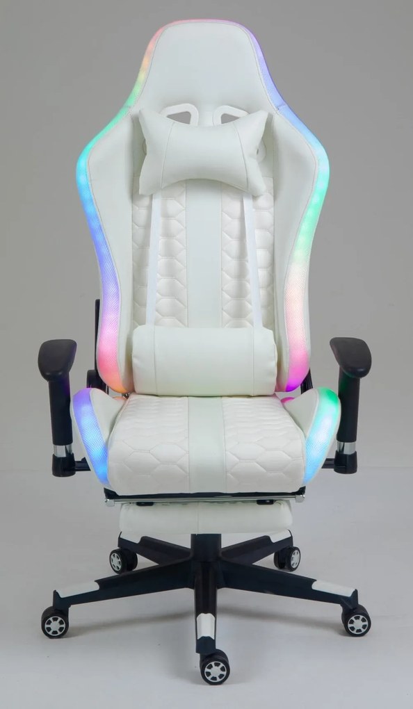 Scaun gaming cu sistem iluminare bandă LED RGB, masaj în perna lombară, suport picioare, funcție șezlong, 90-180 grade, piele ecologica, Alb