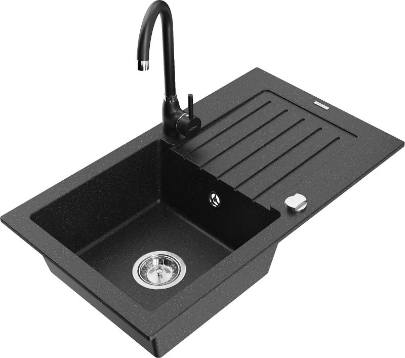 Mexen Pablo chiuvetă de granit cu 1 cuvă cu scurgător și baterie de bucătărie Telma, negru/argintiu - 6510-73-670200-70