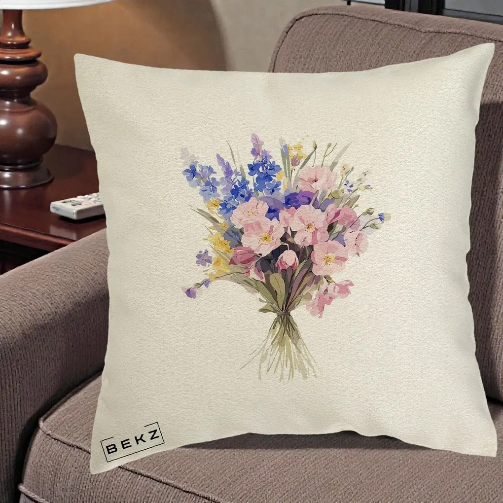 Perna Decorativa Buchet Floral Acuarela Primavara, 40x40 cm, Ecru, Husa Detasabila, Perna Inclusa, BEKZ®