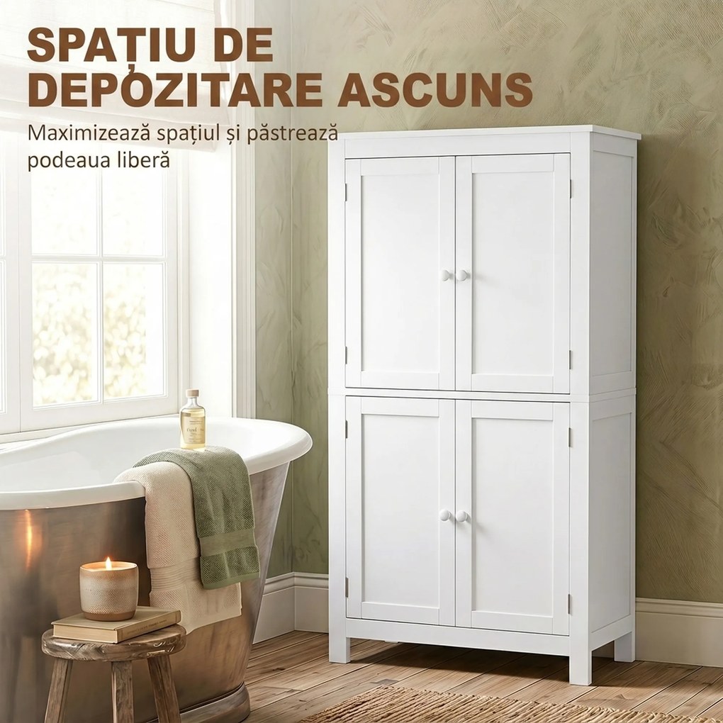 HOMCOM Dulap de Depozitare pentru Baie cu 4 Uși, Rafturi Reglabile, 60x30x110 cm, Alb | Aosom Romania