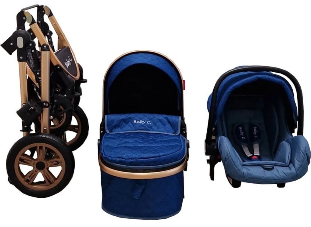 Carucior nou nascuti 3 in 1 Baby Care™ PRO 530, Cu geanta bebe, Cadru Aluminiu , Amortizoare, Roti din cauciuc plin AVE, Landou, Scoica auto, Spatar