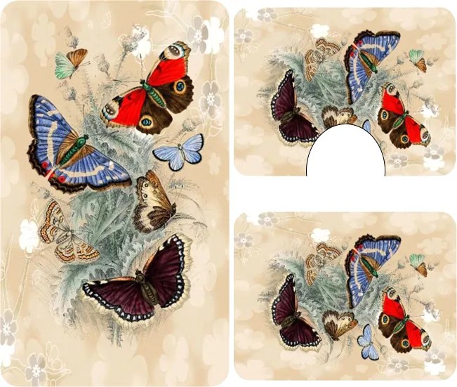 Set covoare baie antiderapante, 3 piese, model fluturi vintage