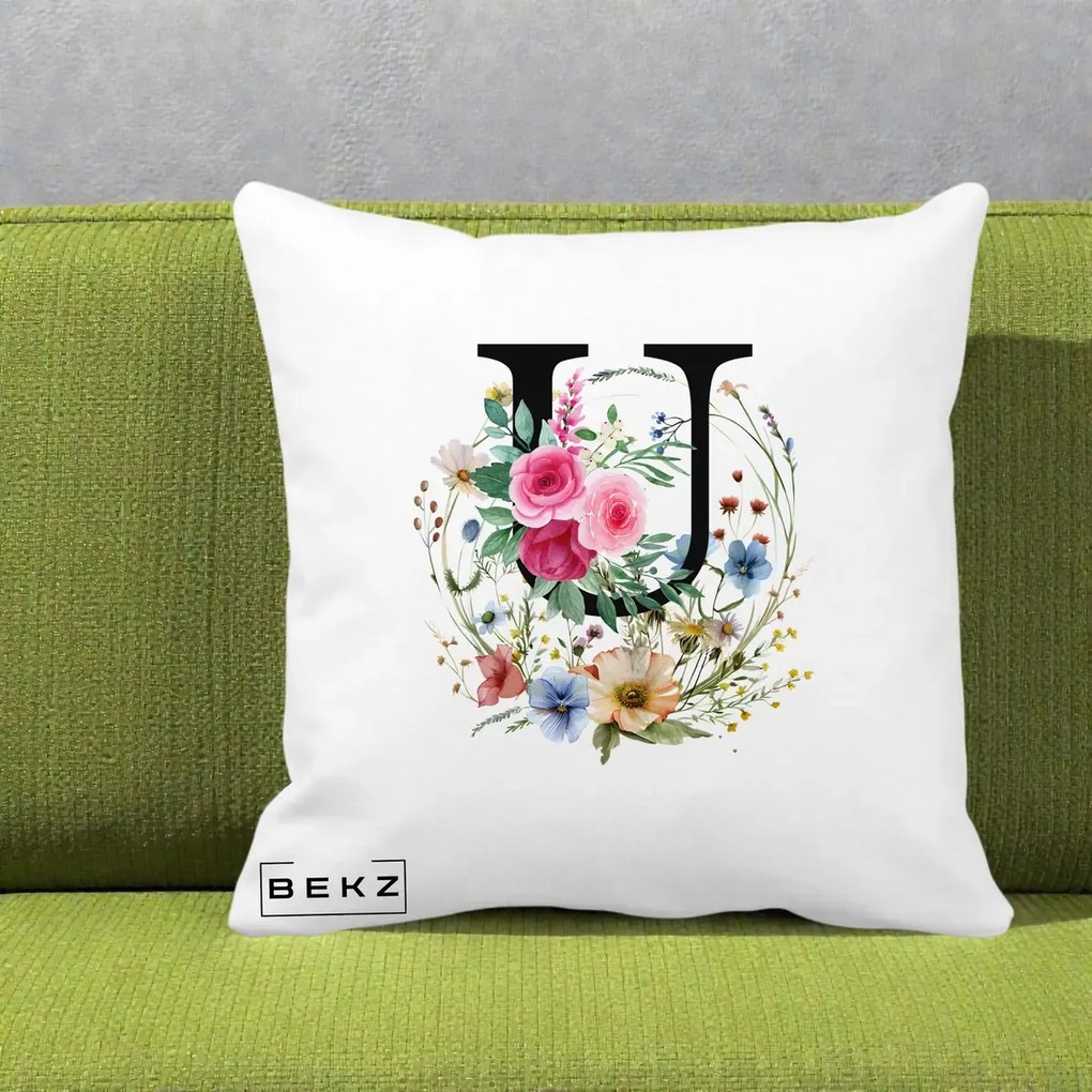 Cadou Personalizat - Perna Personalizata Monogram Litera U cu Flori Acuarela, 40x40 cm, Alba Mata, Husa Detasabila, Perna Inclusa, BEKZ®
