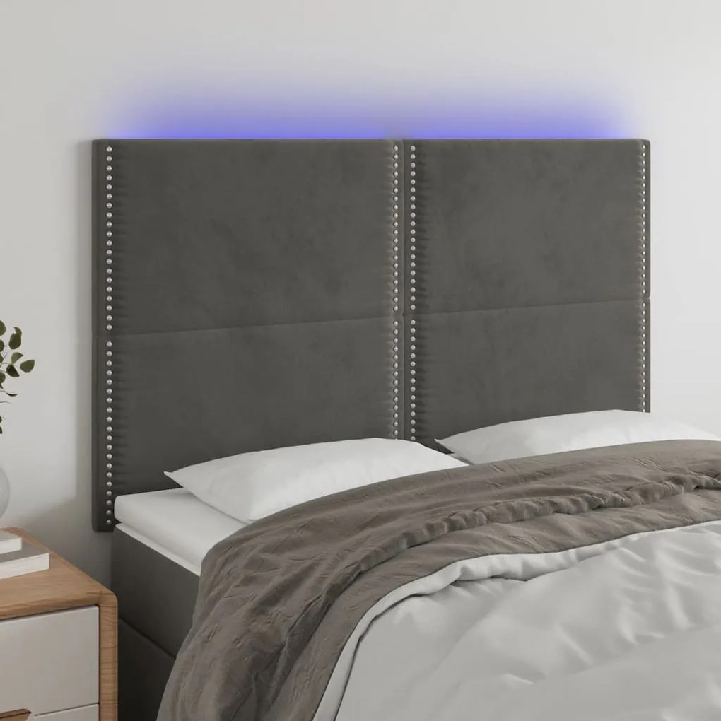vidaXL Tăblie de pat cu LED, gri închis, 144x5x118/128 cm, catifea