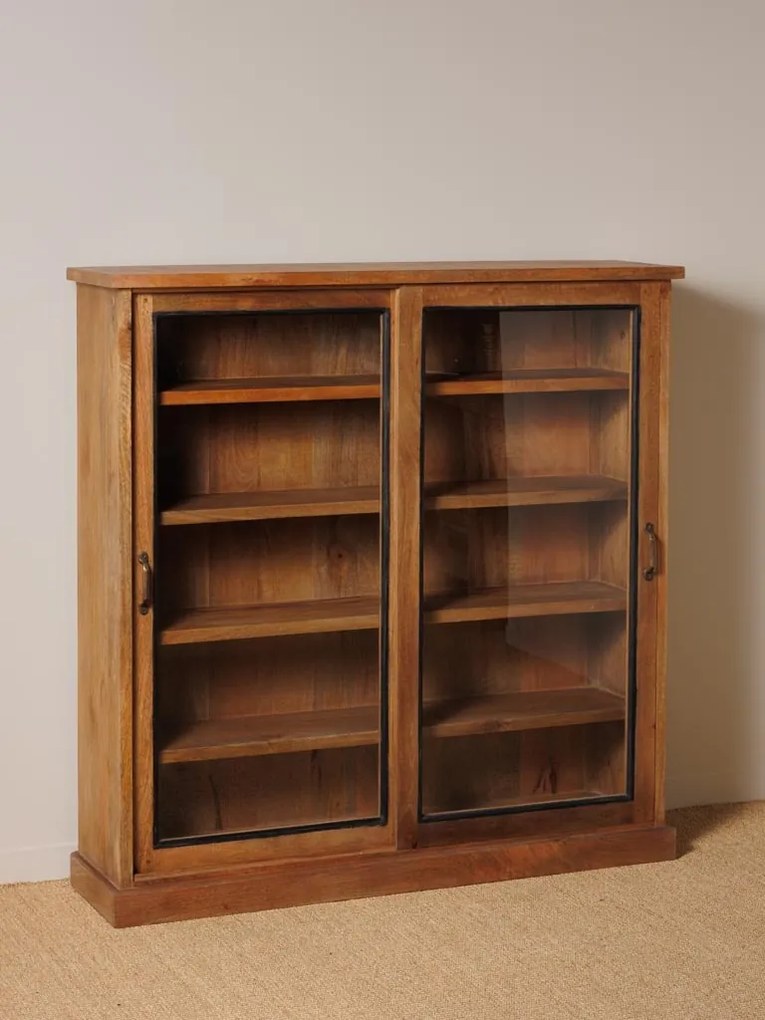 Vitrina din lemn reciclat si sticla, cu 2 usi glisante,aspect rustic, Emile