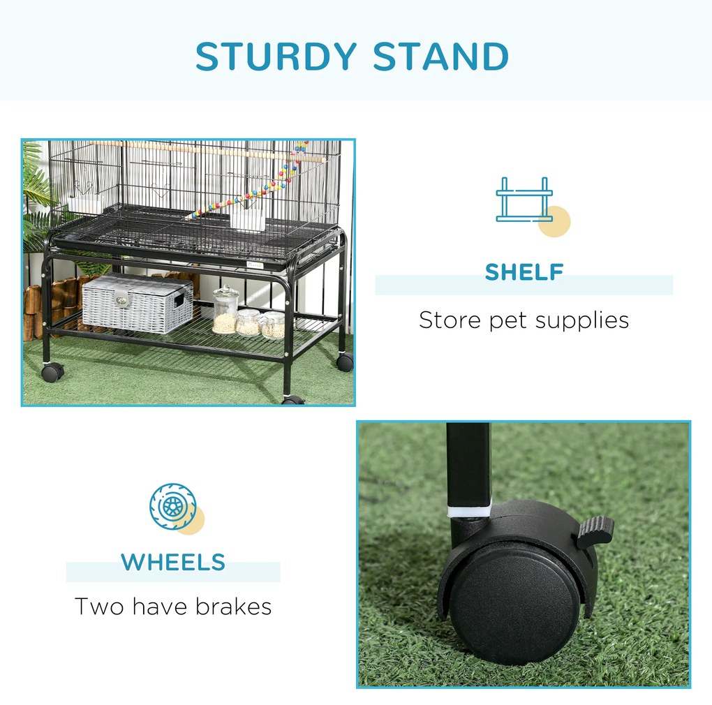 PawHut Colivie pentru Păsări cu Stinghii, Jucării, Recipiente Alimentare și Tavă Detașabilă, 79x49x133 cm, Negru | Aosom Romania