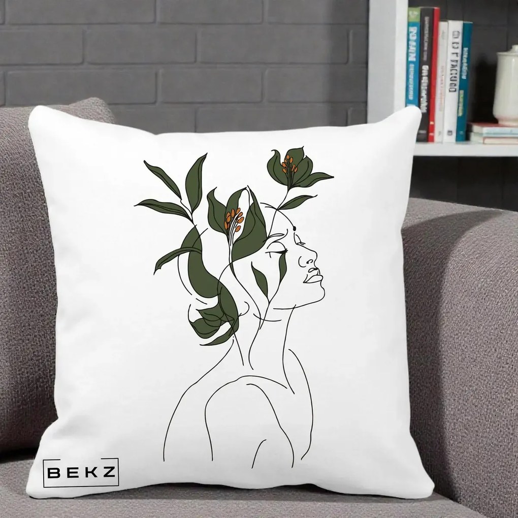 Perna Decorativa Portret Feminin Crin Verde, 40x40 cm, Alba Mata, Husa Detasabila, Perna Inclusa, BEKZ®