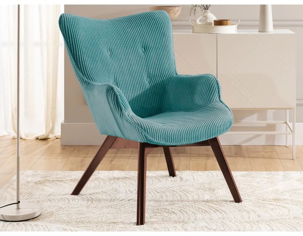 Fotoliu cu taburet turcoaz cu tapițerie din catifea reiată Niko – Ropez