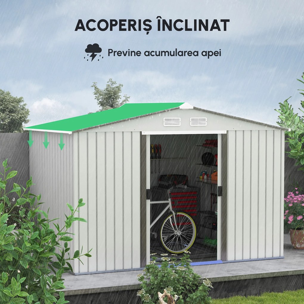 Outsunny Magazin de gradina cu usi glisante duble, sopron de gradina din otel si PP, casuta de gradina 277x195x192cm, argintiu | Aosom Romania