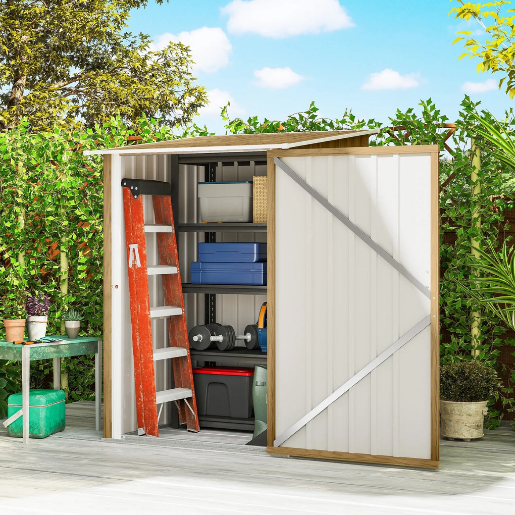 Outsunny Căsuță de Grădină 0.92m² din Oțel Galvanizat, Depozit pentru Unelte cu Ușă Blocabilă, Acoperiș Înclinat, 100x104x160 cm, Maro Deschis cu Aspect de Lemn | Aosom Romania