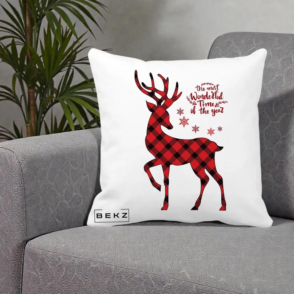 Perna Decorativa Ren Buffalo Plaid Craciun, 40x40 cm, Alba Mata, Husa Detasabila, Perna Inclusa, BEKZ®