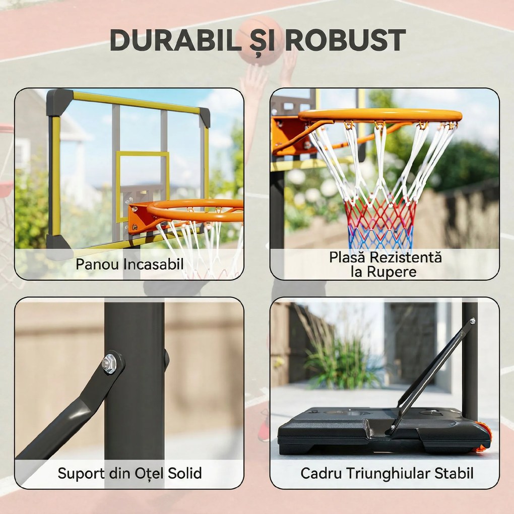 SPORTNOW Coș de Baschet pentru Copii 6-14 Ani, Coș de Baschet cu Înălțime Reglabilă, Roți și Bază Umplută, 71x46 cm, Galben | Aosom Romania