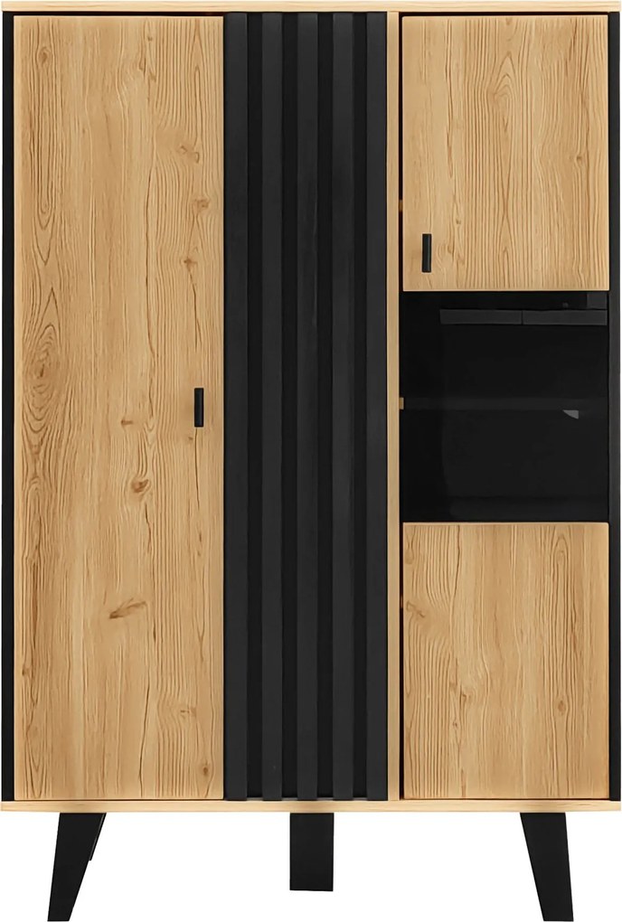 Dulap auxiliar cu vitrină, iluminare LED și sticlă, 80x40x120 cm, Culoare naturală+Negru