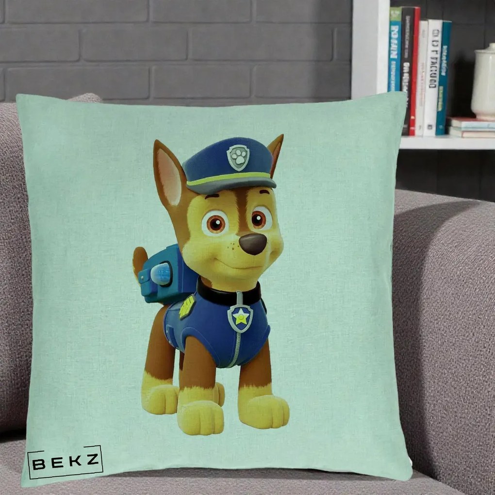 Perna Personalizata Chase PAW Patrol Albastru, 40x40 cm, Verde Menta, Husa Detasabila, Perna Inclusa, BEKZ®