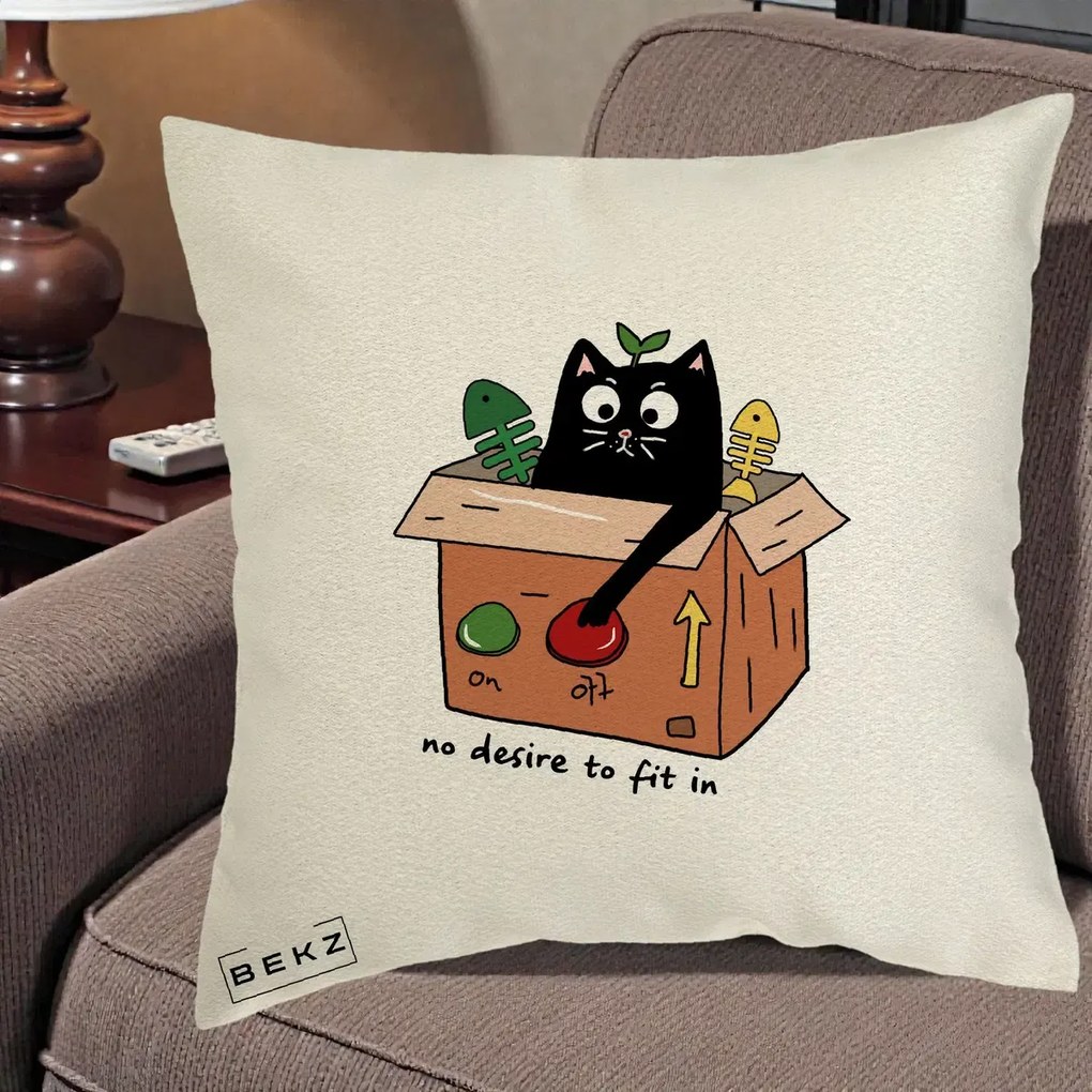 Perna Decorativa Pisica in Cutie No Desire to Fit In, 40x40 cm, Ecru, Husa Detasabila, Perna Inclusa, BEKZ®