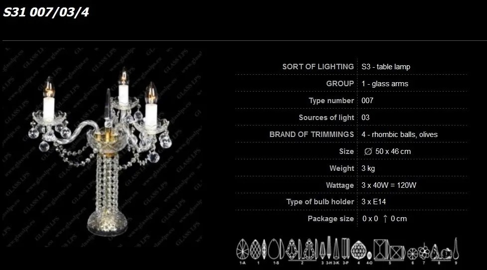 Veioza, lampa de masa 3 brate cristal Bohemia S31 007/03/4