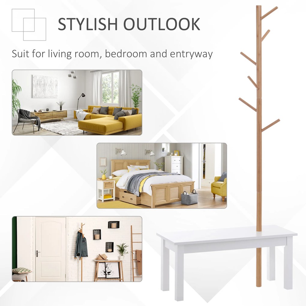 HOMCOM Bancă hol, cu un Cuier în Bambus, Design Modern, Spațiu de Depozitare, Alb și Lemn, 80x30x180 cm | Aosom Romania