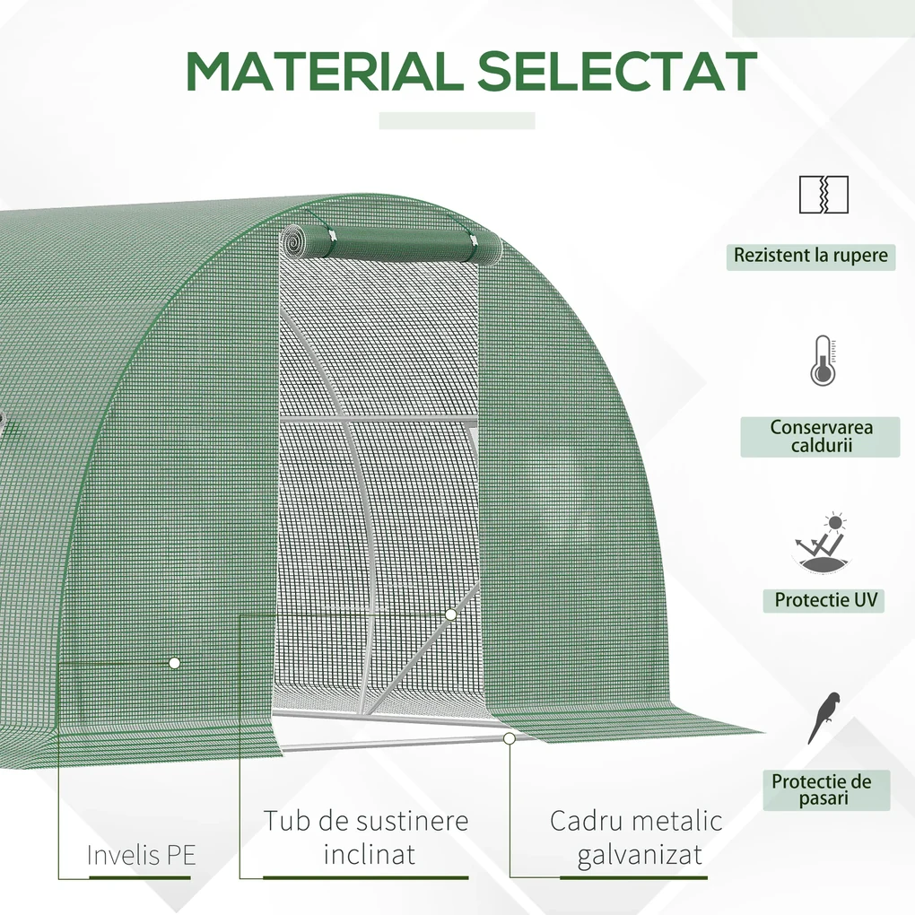 Outsunny Seră Tunel Mare pentru Plante, Copertină PE, Ușă cu Fermoar și 6 Ferestre, 450x300x200 cm, Verde | Aosom Romania