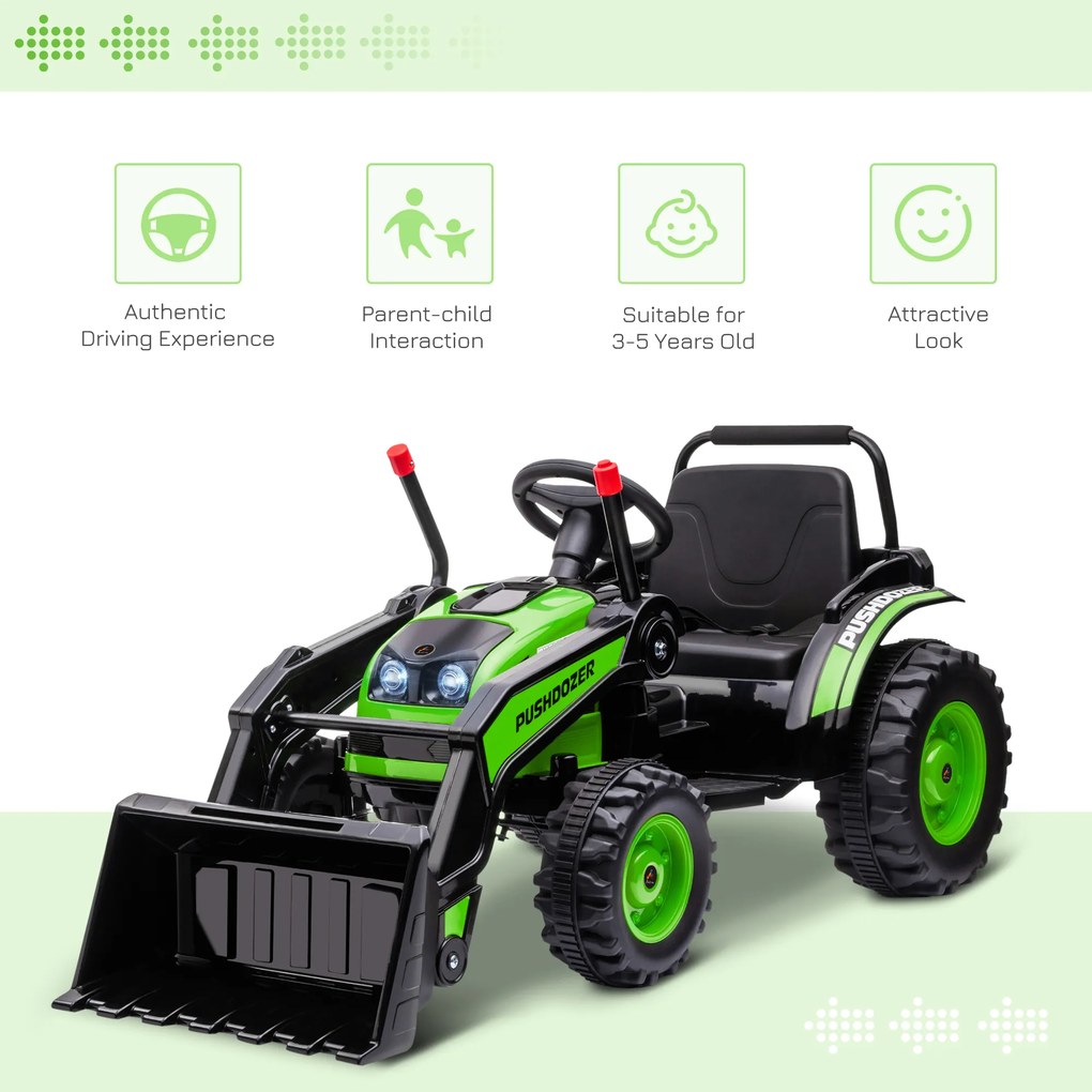 HOMCOM Buldozer Jucarie pentru Copii 3-5 Ani cu Baterie 6V, cu Sunete si Lumini, Viteza 1.5-2.5 km/h, 132x62x65 cm, Verde | Aosom Romania