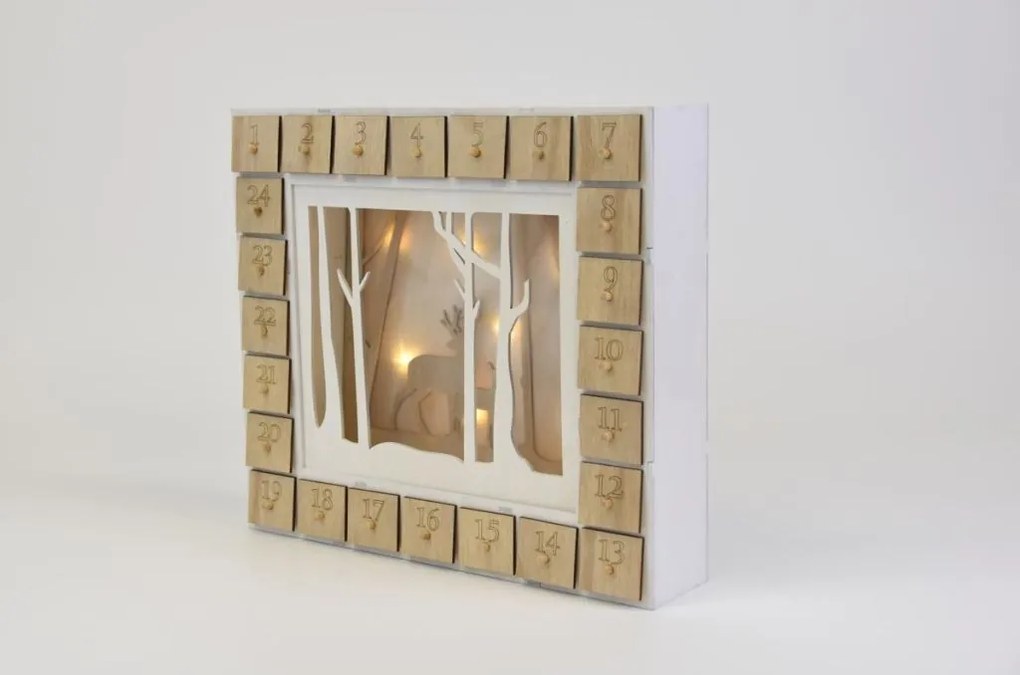 Calendar Crăciun din lemn cu LED și timer, motiv reni, 30x25