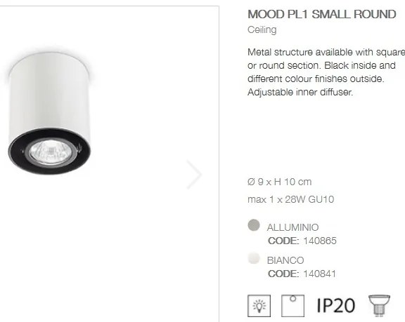 Plafoniera, Spot aplicat diametru 9cm, MOOD PL1 SMALL ROUND BIANCO 140841