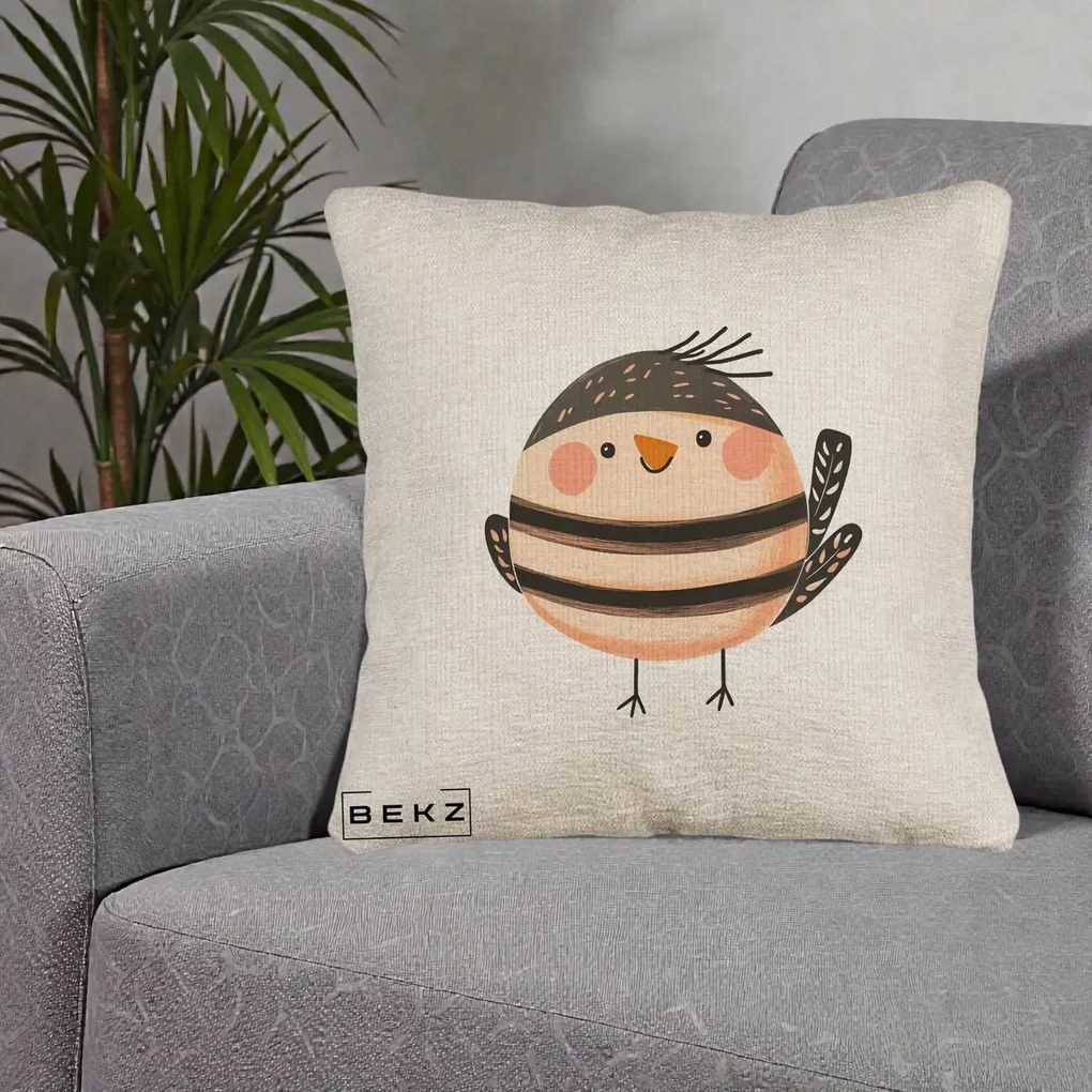 Perna Decorativa Pui Kawaii Bej-Negru Dungat, 40x40 cm, Bej Canapea, Husa Detasabila, Perna Inclusa, BEKZ®