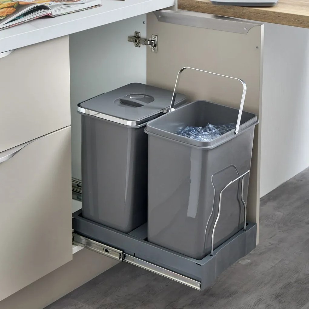Cos gunoi incorporabil Ecomax Patty 45 Automatic, colectare selectiva, gri antracit, 2 x 15 l Polipropilena Metal, 450 mm, L:305 mm; A:470 mm; H:330