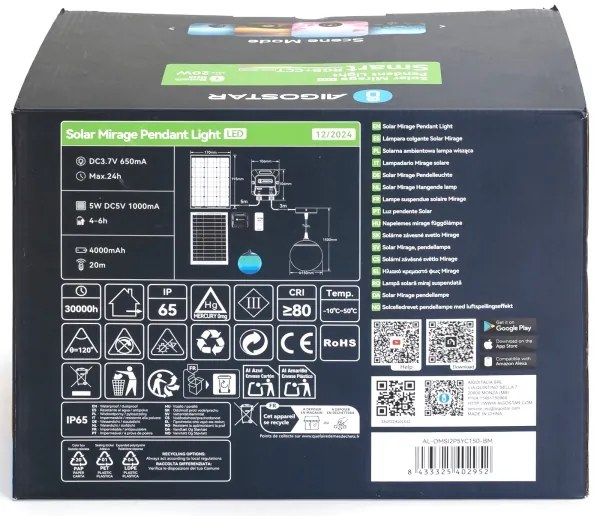 Lustră LED RGBW solară Aigostar MESH 20W/3,7V 4000 mAh 2700K-6500K IP65 d. 15 cm