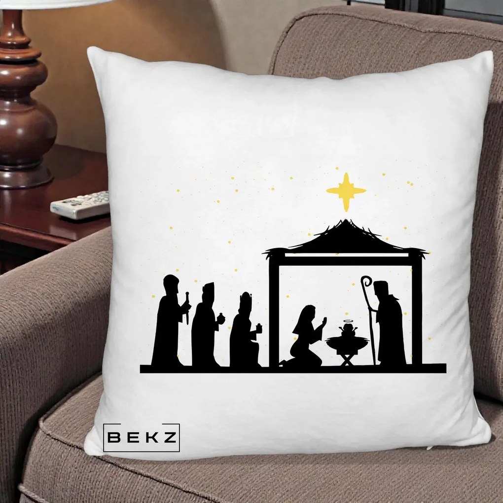 Perna Decorativa Nasterea Pruncului Silueta Neagra si Stea Aurie, 40x40 cm, Alb Pufos, Husa Detasabila, Perna Inclusa, BEKZ®