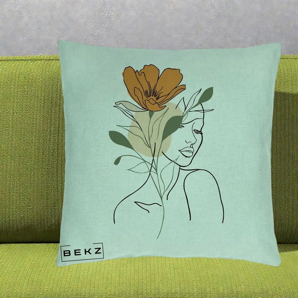 Perna Decorativa Portret Feminin Floare Portocalie, 40x40 cm, Verde Menta, Husa Detasabila, Perna Inclusa, BEKZ®
