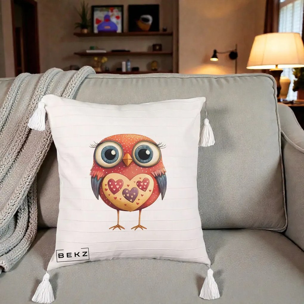 Perna Decorativa Bufnita Rosie cu Inimi Aurii, 40x40 cm, Bej cu Franjuri, Husa Detasabila, Perna Inclusa, BEKZ®