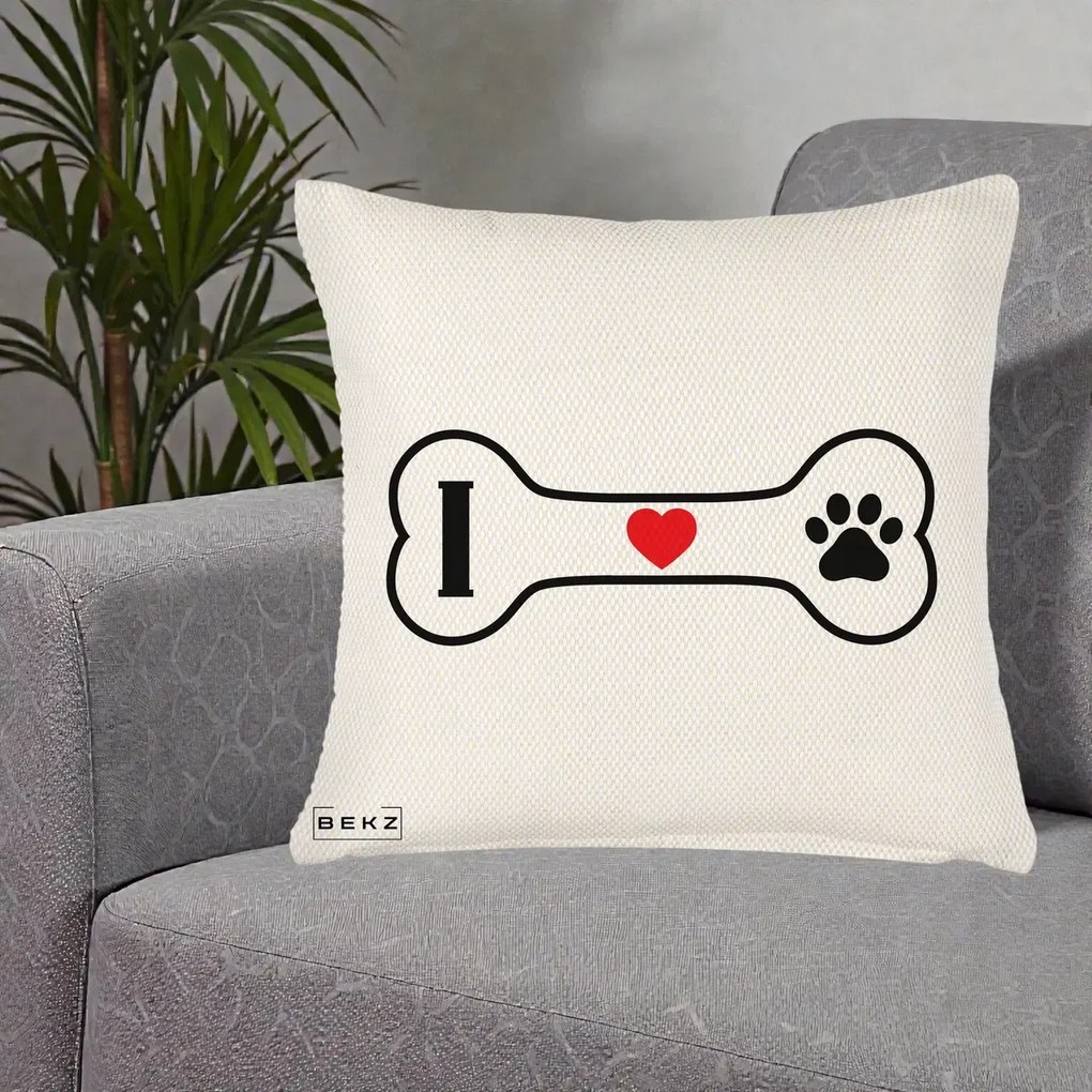 Perna Personalizata I Love Dog Os si Labuta, 40x40 cm, Crem Reliefat, Husa Detasabila, Perna Inclusa, BEKZ®