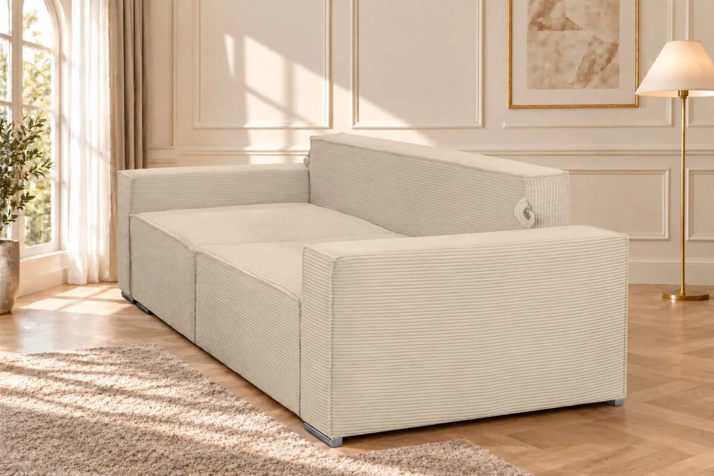 Canapea extensibilă Livia din catifea reiată, crem, cu ladă de depozitare