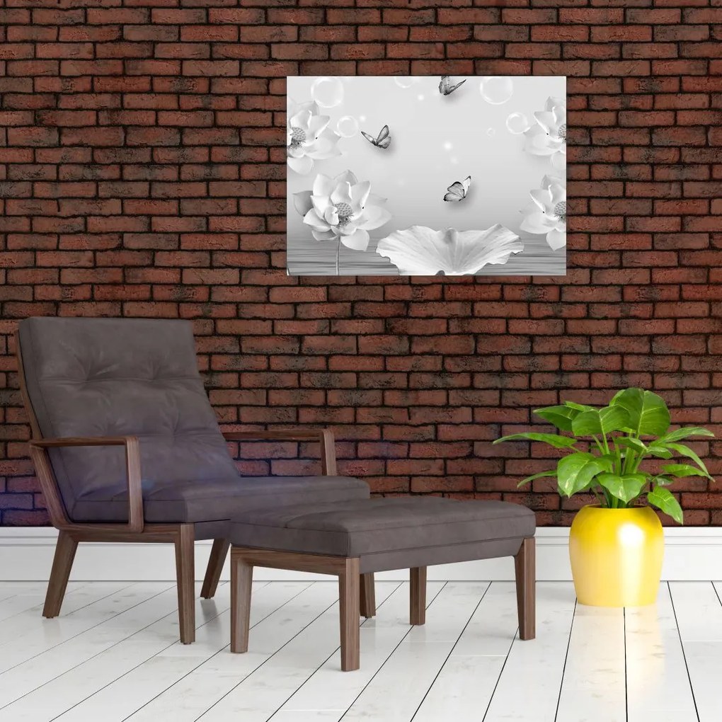 Tablou pe sticlă - Design flori și fluturi (70x50 cm)