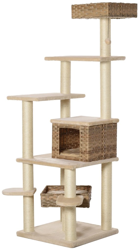 PawHut Săculeț de zgâriat din ratan cu căsuță pentru pisici Săculeț de pisici cu mai multe etaje Kletterbaum pentru pisici E1 MDF Sisal Bej+Maro 55 x 55 x 174 cm | Aosom Romania