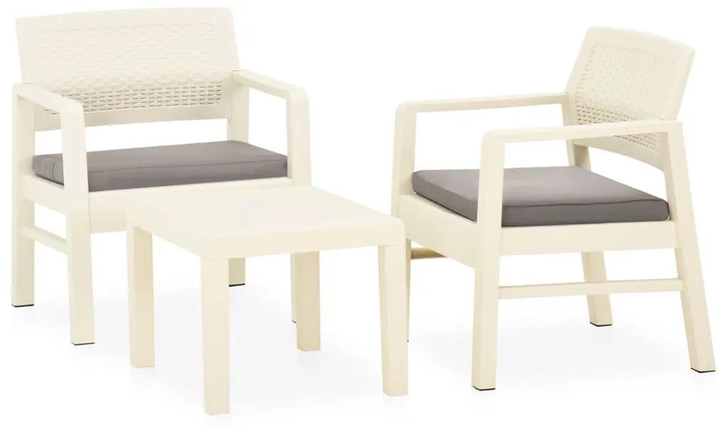 Set mobilier de gradina cu perne, 3 piese, alb, plastic