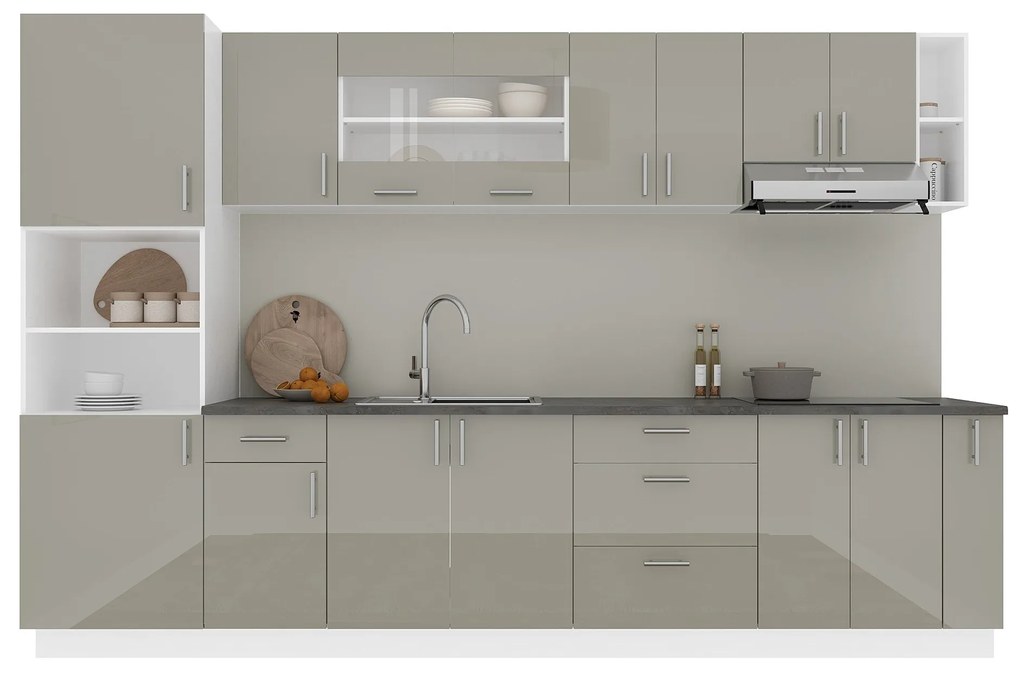 Set Bucatarie Karo V29, Gri Lucios/Alb, MDF, Blat Thermo 28 mm, L 320 cm