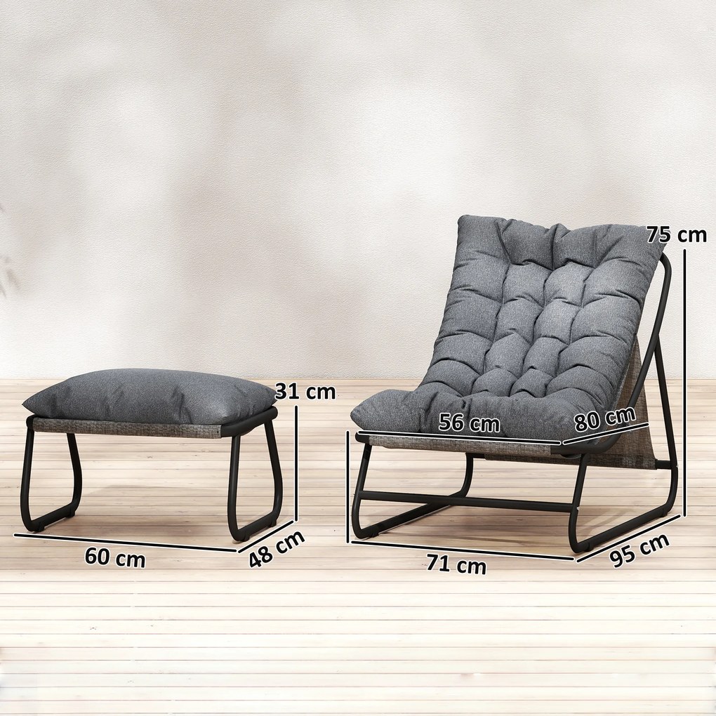 Outsunny Fotoliu lounge outdoor pentru balcon cu taburet, pernă de 13 cm, picioare antiderapante, gri închis | Aosom Romania