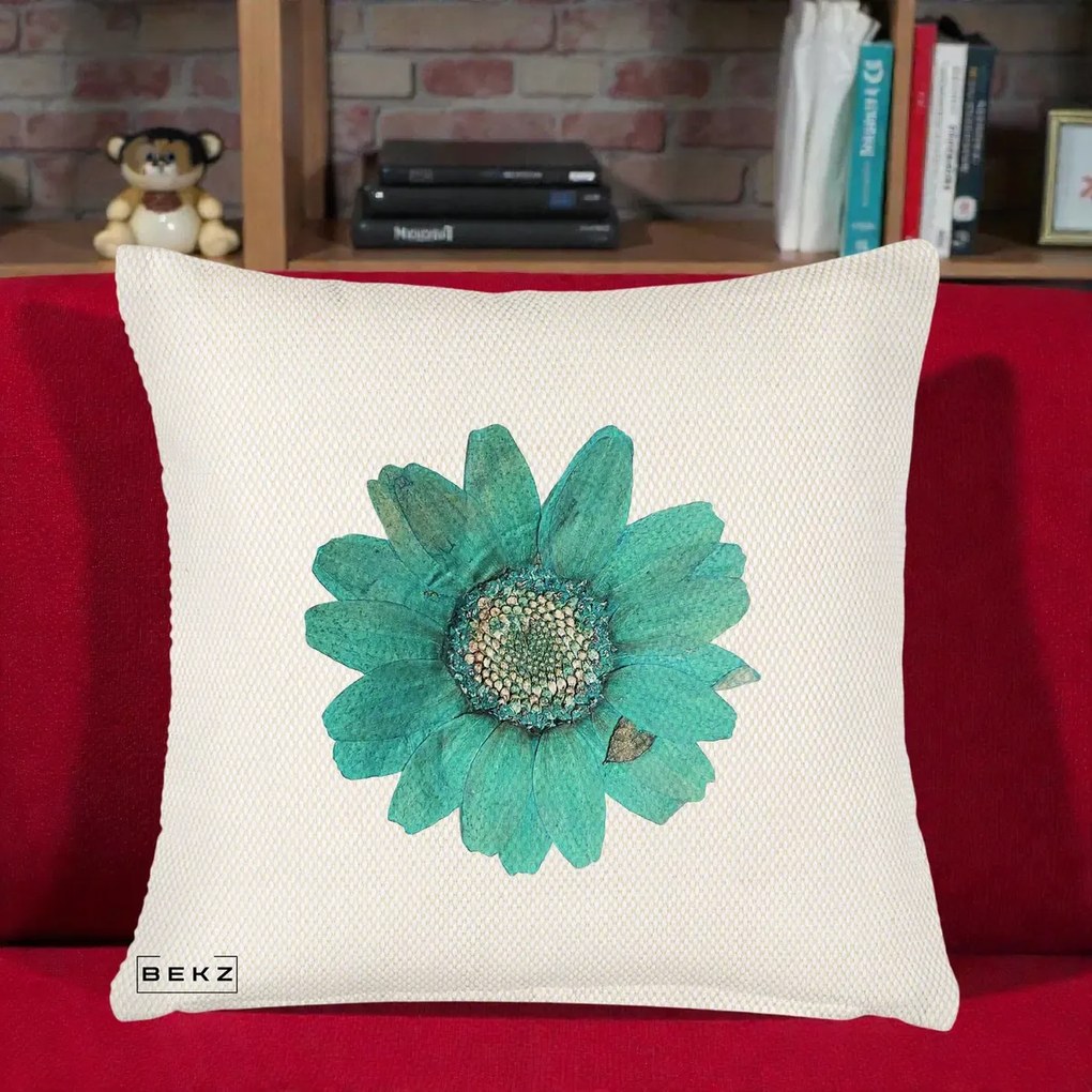 Perna Decorativa Floare Gerbera Teal Acuarela, 40x40 cm, Crem Reliefat, Husa Detasabila, Perna Inclusa, BEKZ®