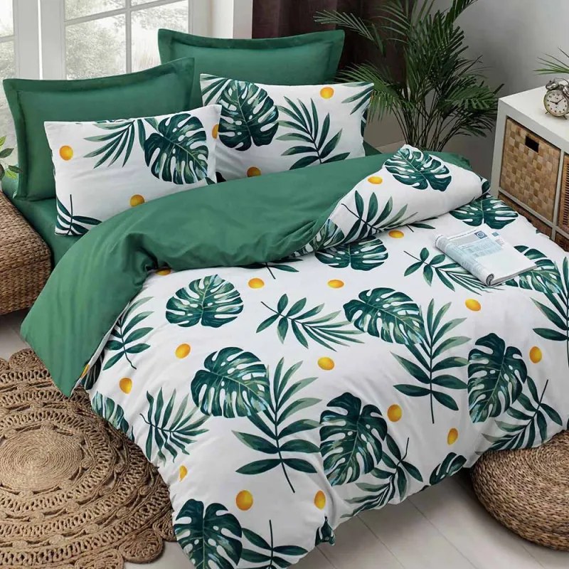 Set lenjerie de pat EnLora Home 162ELR9362, 2 persoane, 4 piese, 65% bumbac - 35% poliester,Plic 200x220 cm, Cearceaf 220x240 cm, 2 fete de perna, Verde/Alb