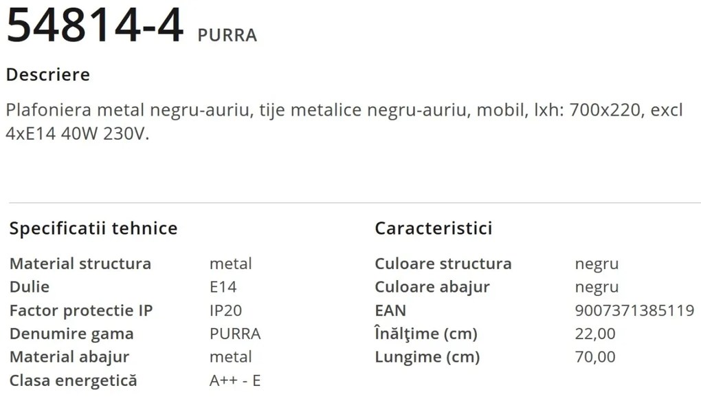 Plafoniera moderna metalica negru-aurie PURRA 4L 54814-4 GL