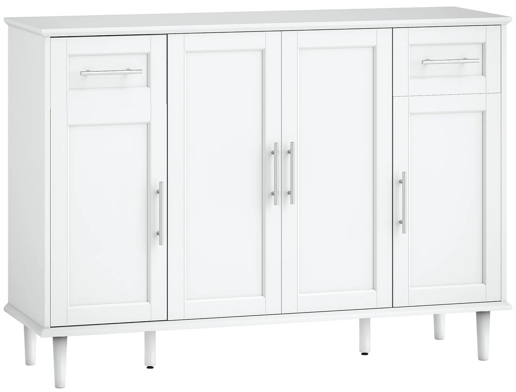 HOMCOM Mobilier de Sufragerie, Credență cu 2 Sertare și 3 Dulapuri cu Rafturi Reglabile, Comodă cu Picioare din Pin pentru Sala de Mese și Bucătărie, 120x38x86 cm, Alb | Aosom Romania