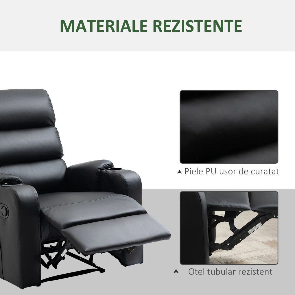 HOMCOM Fotoliu de relaxare rabatabil cu suport pentru picioare reglabil acoperit sintetic, negru, 79x89x100cm